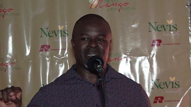 Greg Phillip, Chief Executive Officer of the Nevis Tourism Authority delivering remarks at the launch of the Nevis Mango and Food Festival at Chrishi Beach Club on May 28, 2017